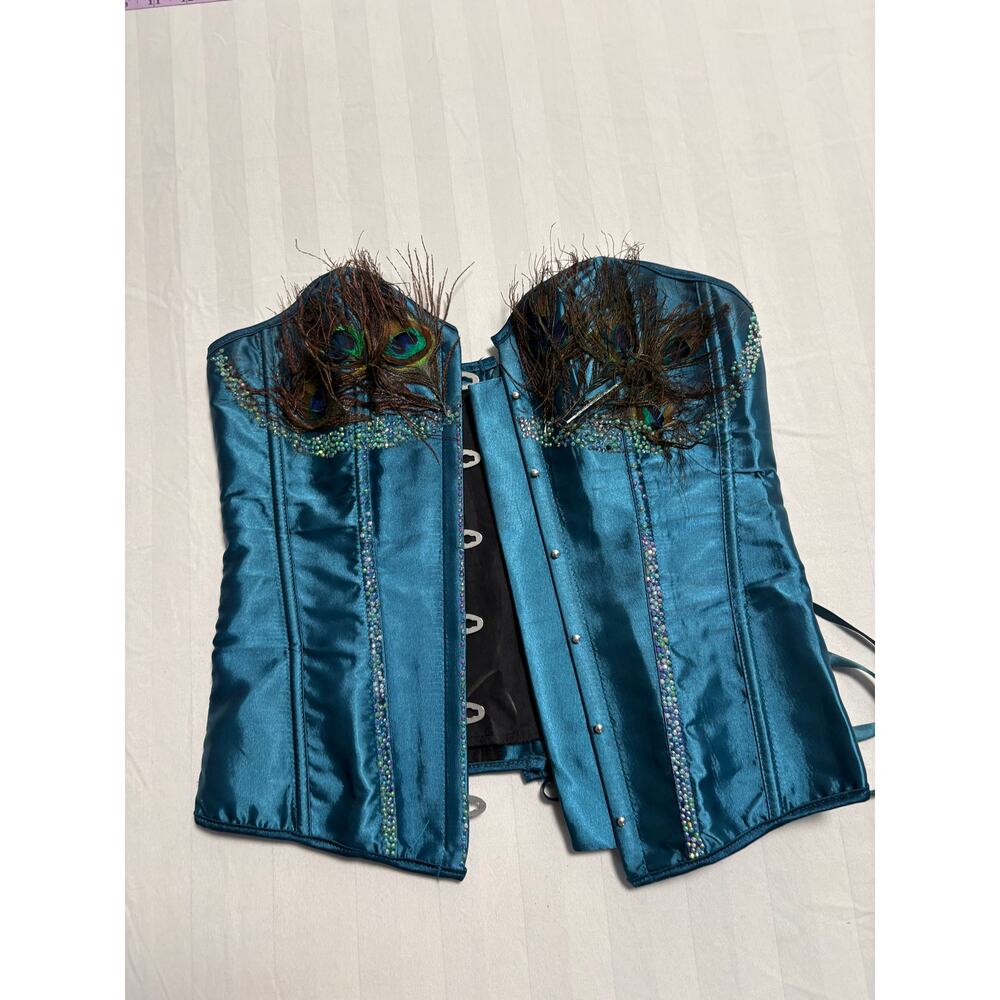 Teal Satin Peacock Feather Corset Bustier